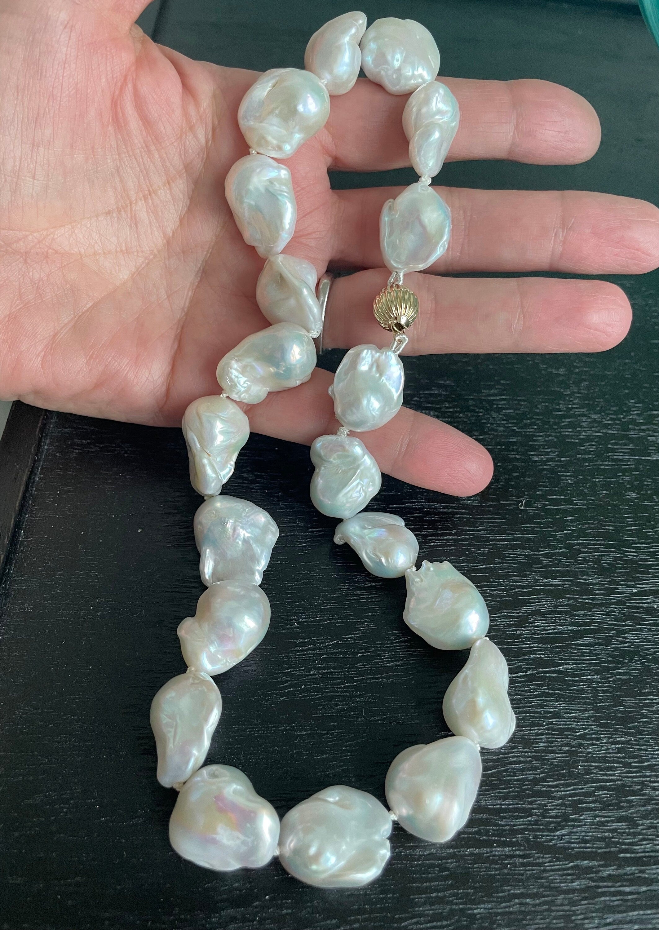 Large White Baroque Knotted Pearl Necklace with 14k Clasp, June birthstone