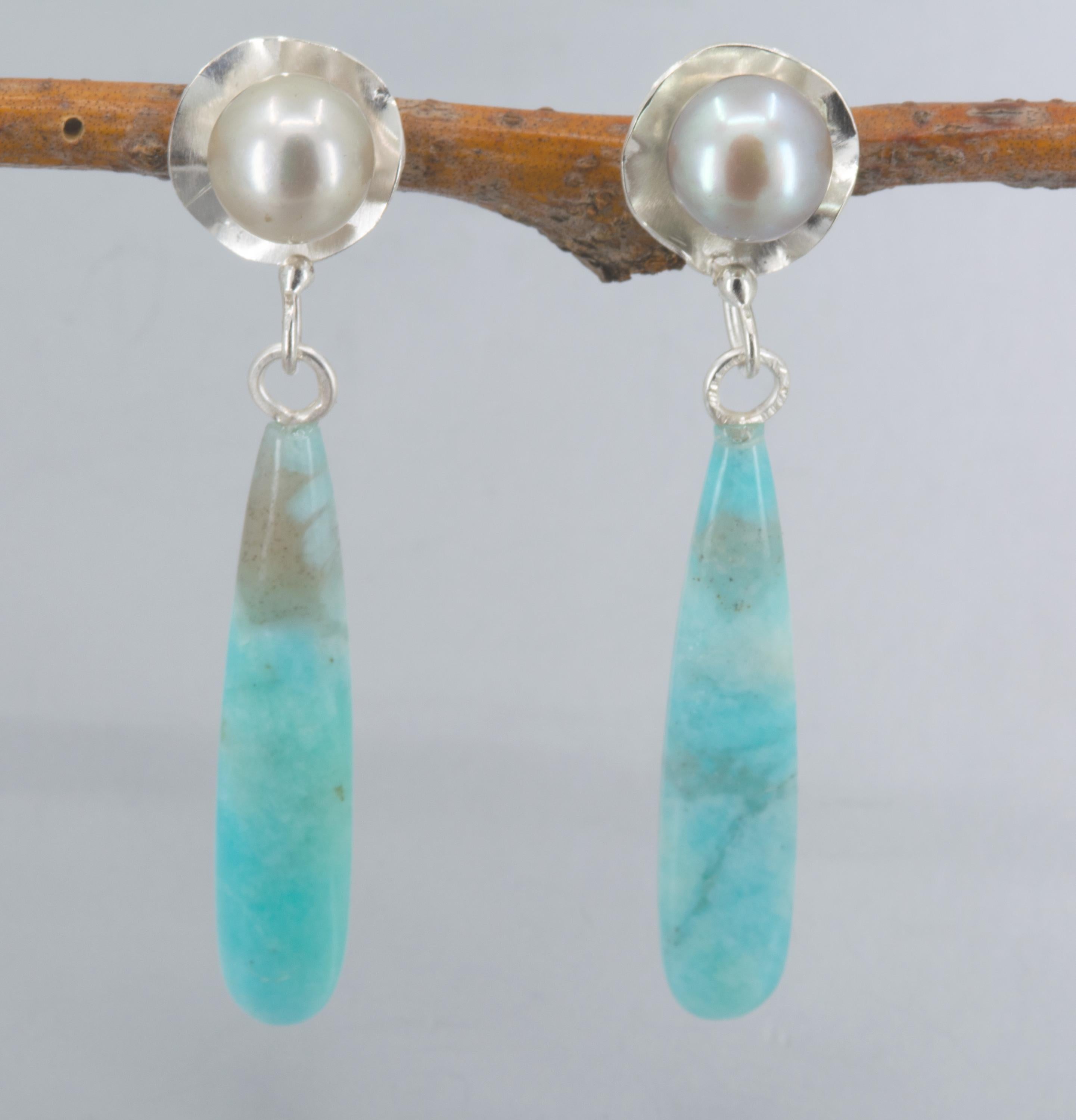 Ocean Blue Amazonite and Pearl Earrings on Post, Long Statement Dangle Earrings, OOAK