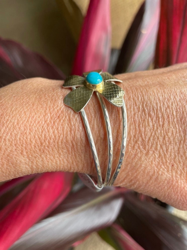 Floral Turquoise Cuff: 18K Gold Sterling Silver Bracelet