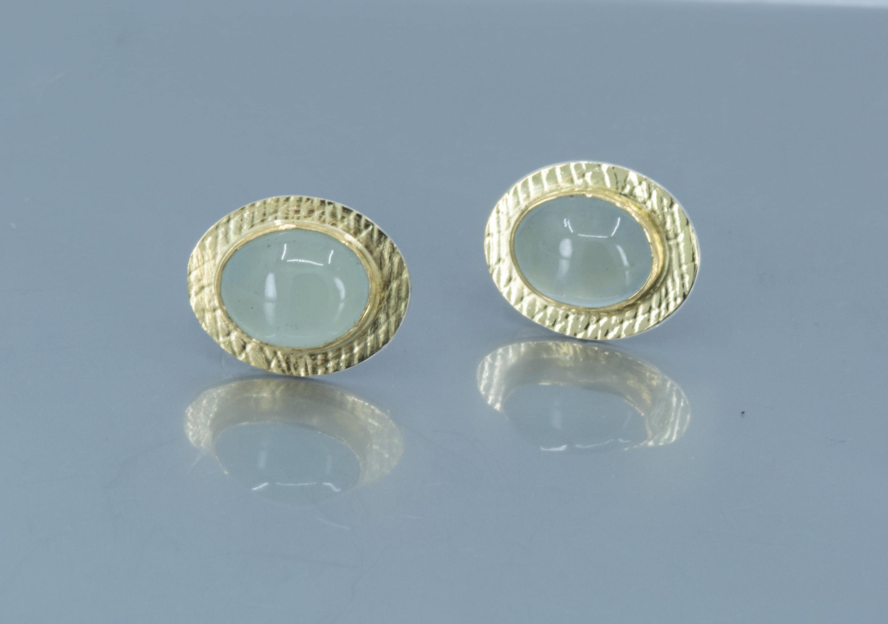 Milky Aquamarine Cabochon Stud Earrings: 18K Gold & Sterling Silver, March Birthstone, OOAK