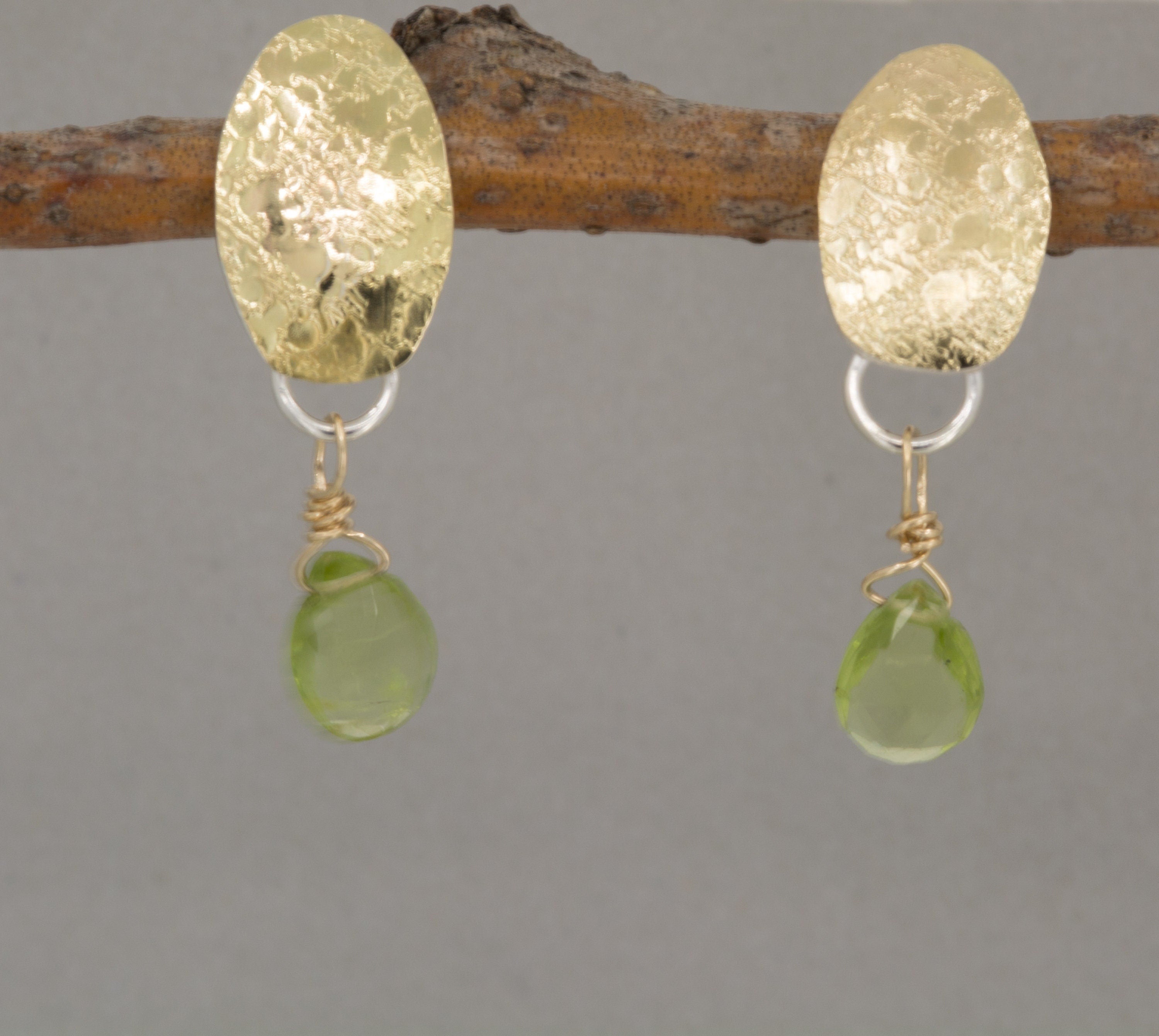 Peridot Drop Earrings: 18K Gold Leaf, Sterling Silver Posts, August Birthstone
