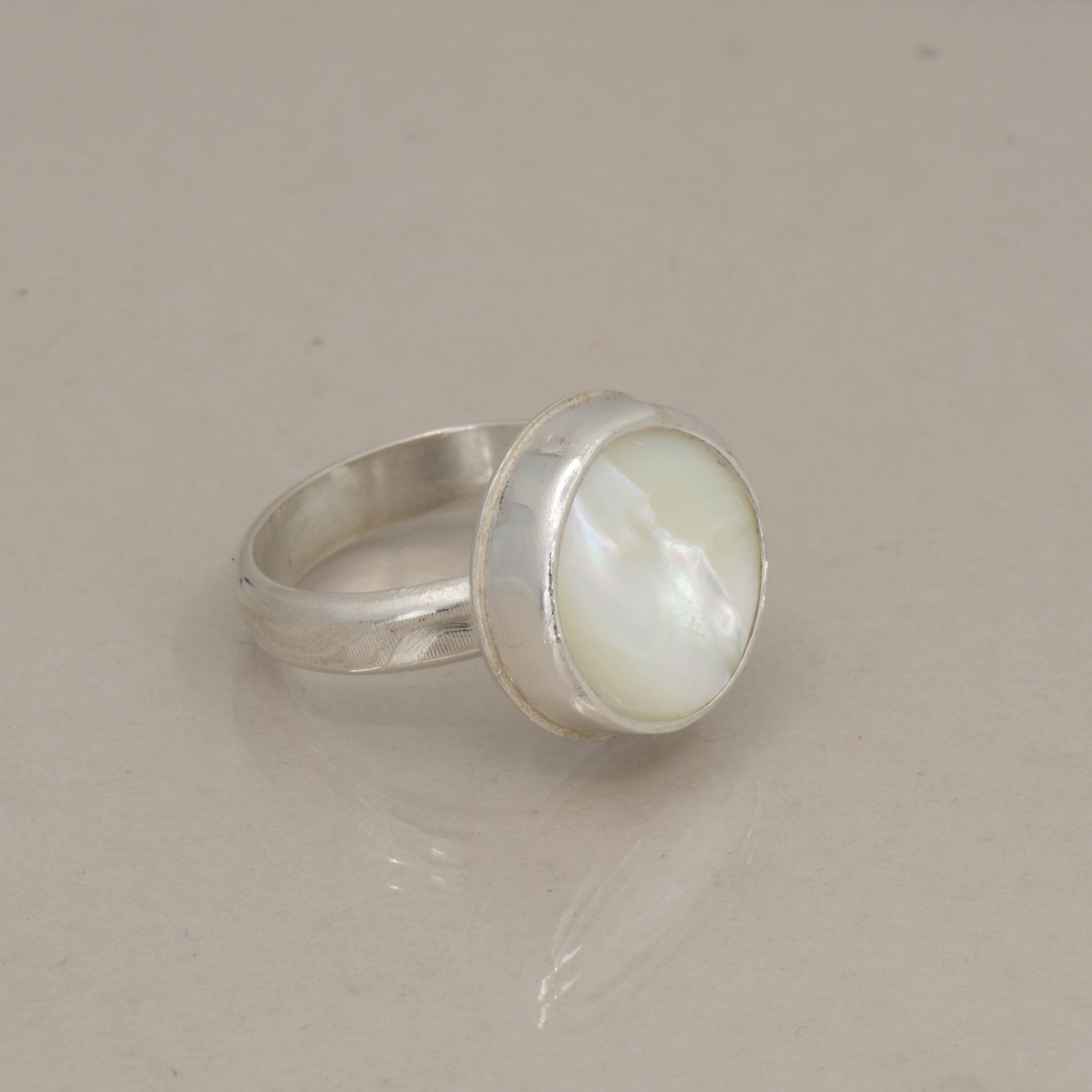 Large Mother of Pearl Sterling Silver Ring: Textured Band, Statement Jewelry