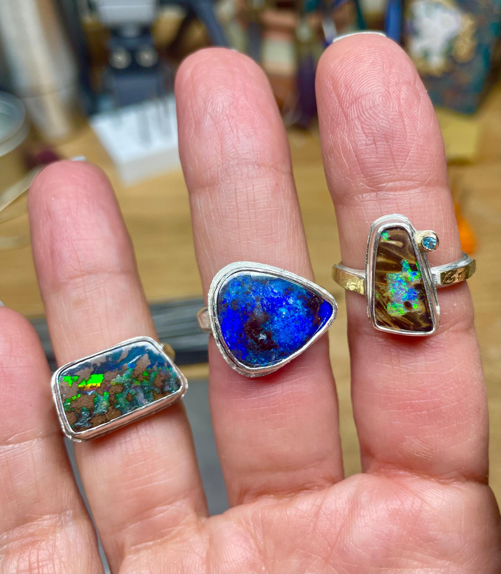 Boulder Opal Ring: Sterling Silver Rectangular Opal, US Size 7.25