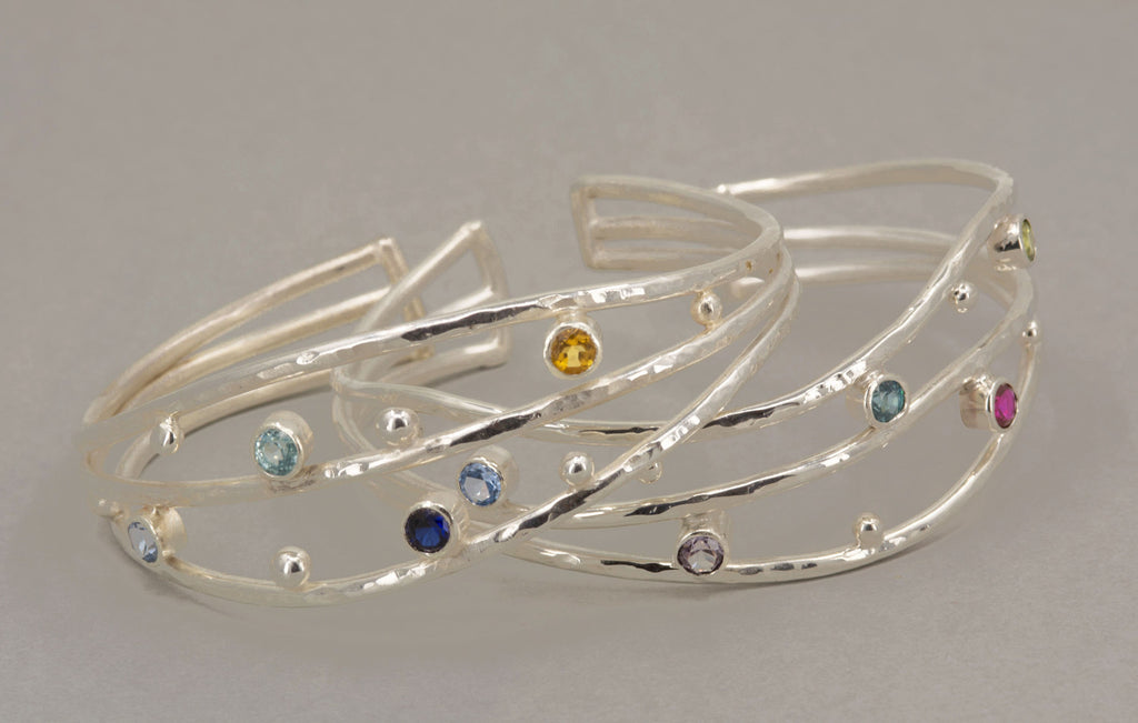 Blue Gemstone Sterling Silver Cuff Bracelet: Sapphire, Topaz, Aquamarine