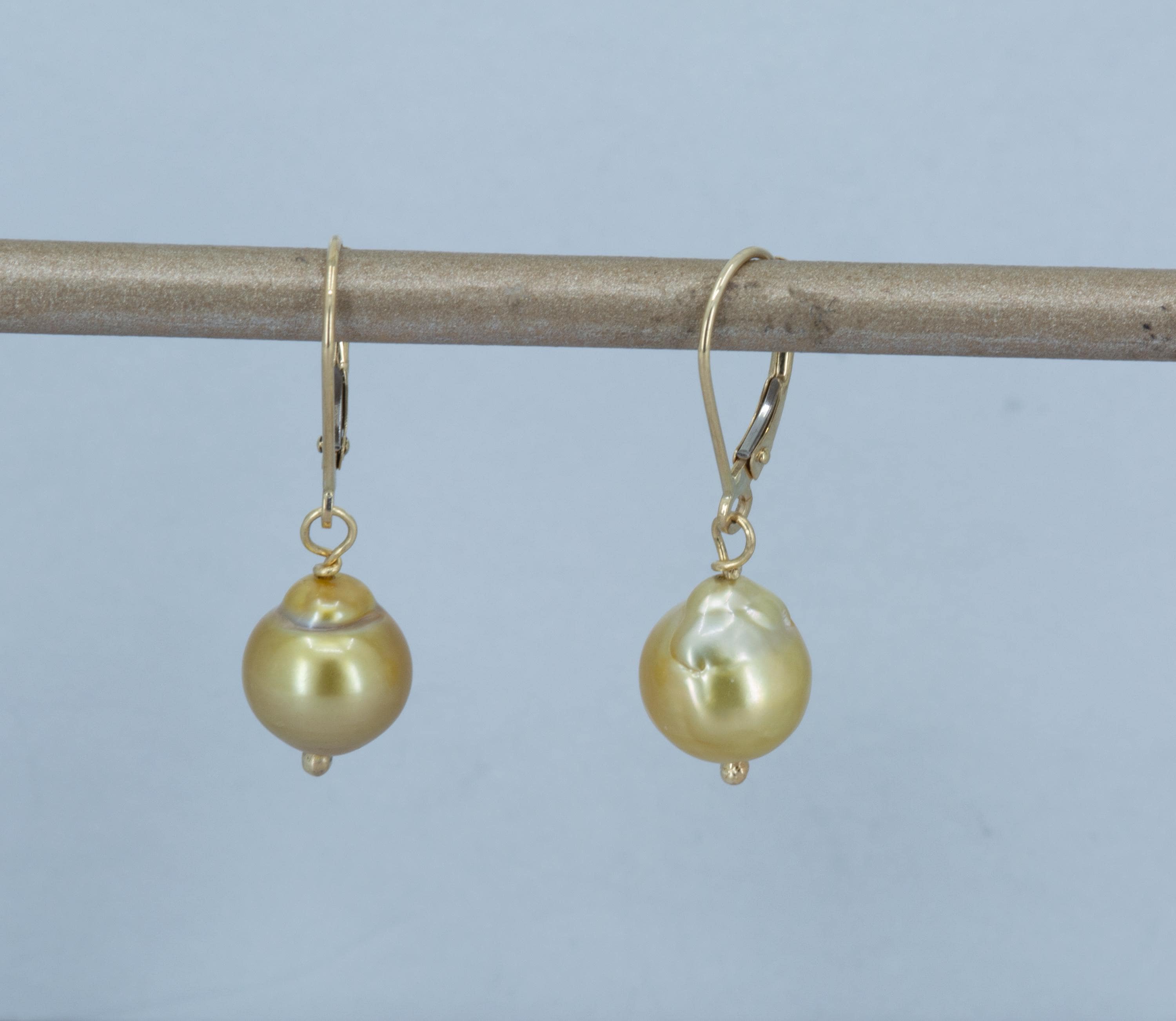 14K Gold South Sea Pearl Drop Earrings: Golden Baroque Wedding Jewelry