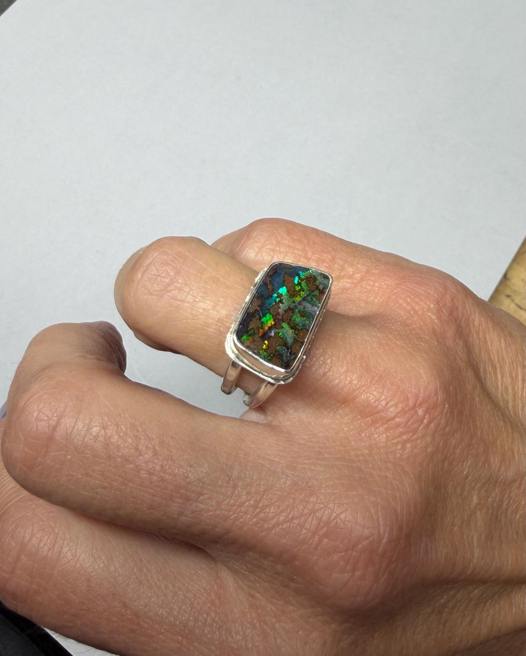Boulder Opal Ring: Sterling Silver Rectangular Opal, US Size 7.25