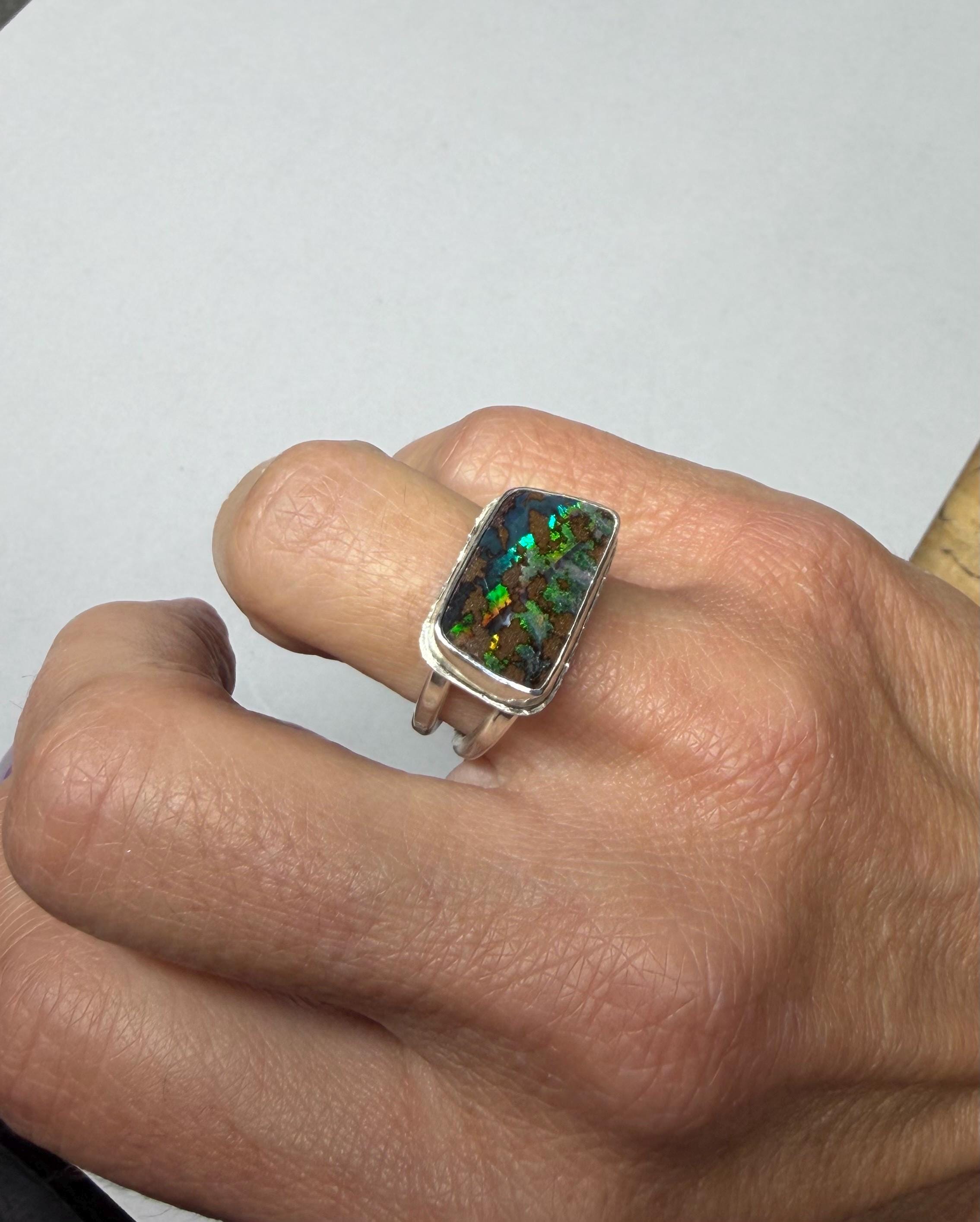 Boulder Opal Ring: Sterling Silver Rectangular Opal, US Size 7.25