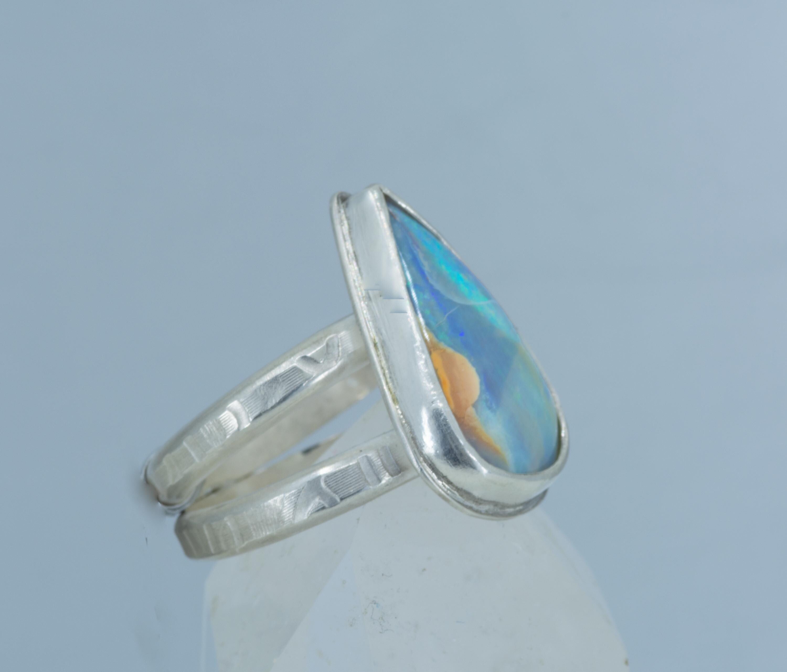 Boulder Opal Ring: Large Pear-Shaped Pastel Argentium Silver, US Size 8.5