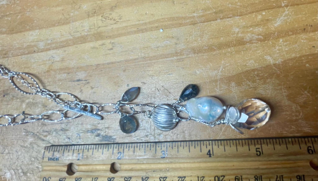 Clear Quartz Lariat Necklace: Sterling Silver Chain, Gemstone Dangles