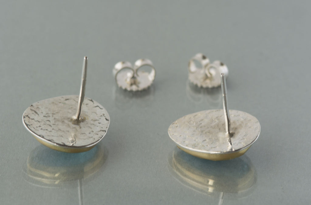 Rose Cut Rainbow Moonstone Stud Earrings: 18k Gold & Argentium Silver