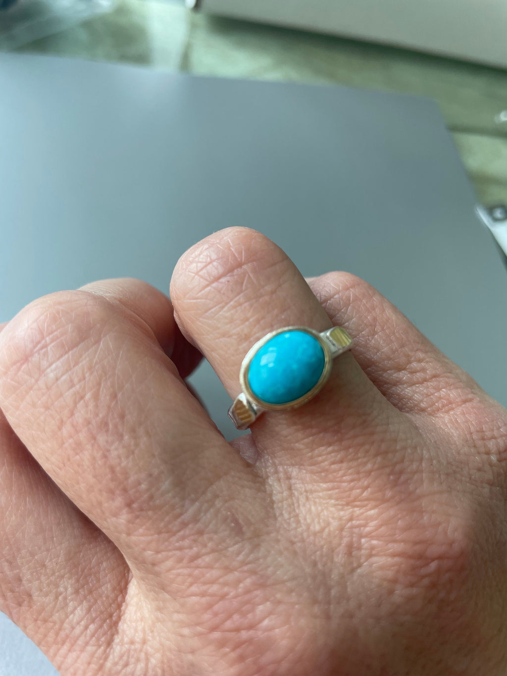 Arizona Turquoise Ring: 18K Gold & Sterling Silver, Blue Turquoise Cabochon, Size 8