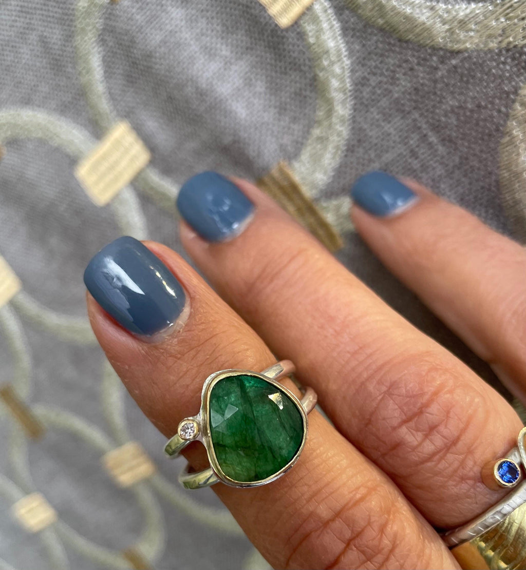 Rose Cut Emerald and Diamond Ring: Green Gemstone, Gold & Sterling Silver, US Size 7.75