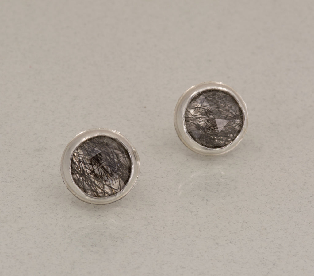 Black Tourmaline Quartz Studs: Sterling Silver Gemstone Earrings