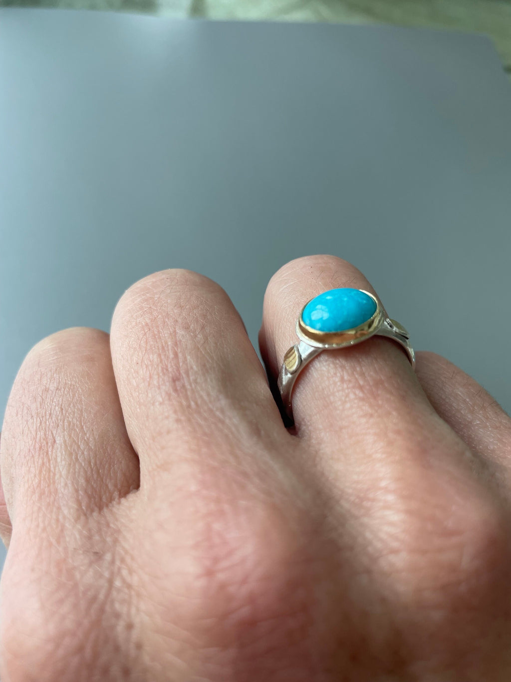 Arizona Turquoise Ring: 18K Gold & Sterling Silver, Blue Turquoise Cabochon, Size 8