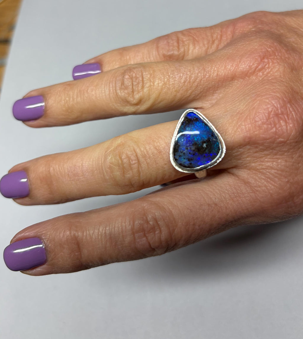 Boulder Opal Statement Ring, Royal Blue Sterling Silver, Size 8