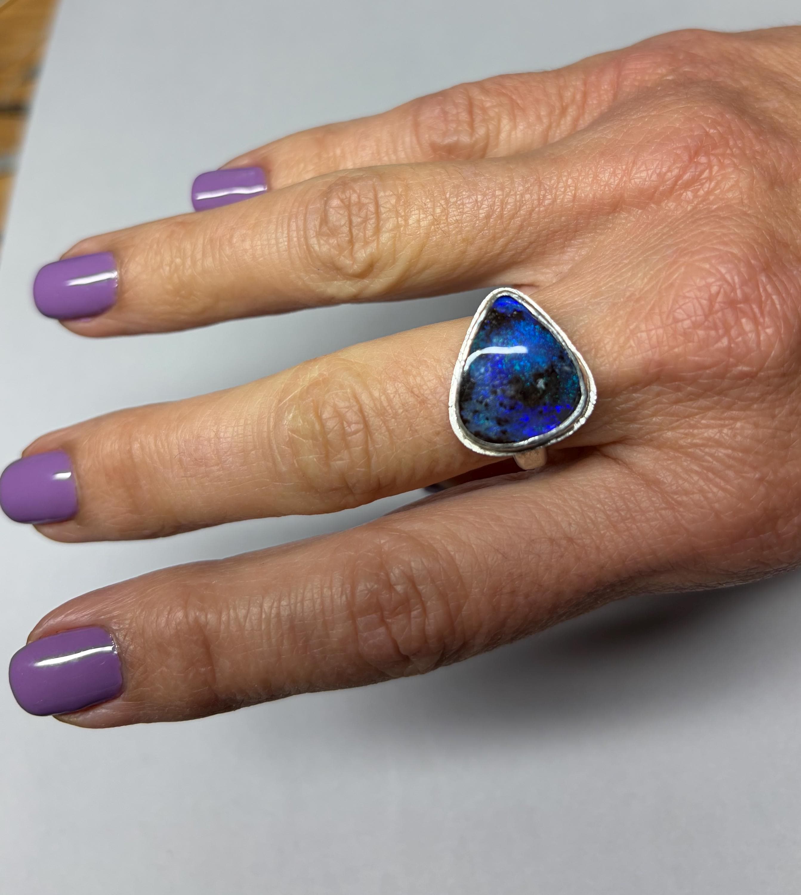 Boulder Opal Statement Ring, Royal Blue Sterling Silver, Size 8