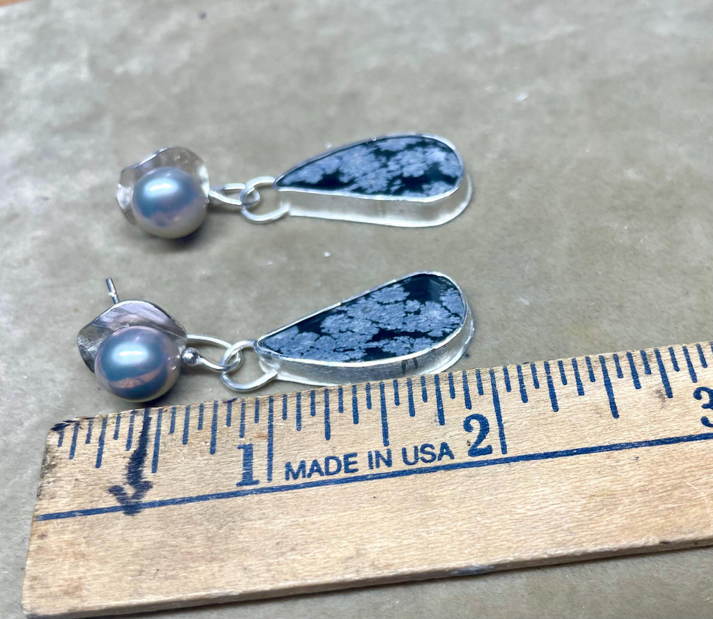 Snowflake Obsidian Drop Earrings: Argentium Sterling Silver, Pearl Posts