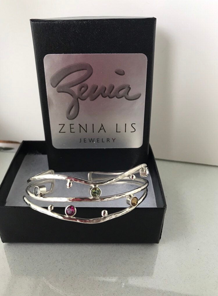 Birthstone Cuff Bracelet in Sterling Silver with Multi Stones, Personalized Cuff, Made to Order