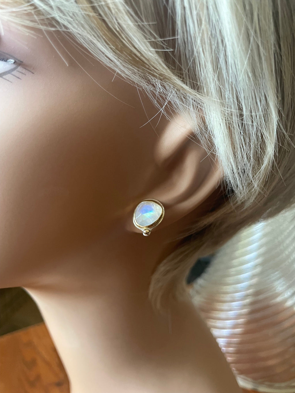 Rose Cut Rainbow Moonstone Stud Earrings: 18k Gold & Argentium Silver