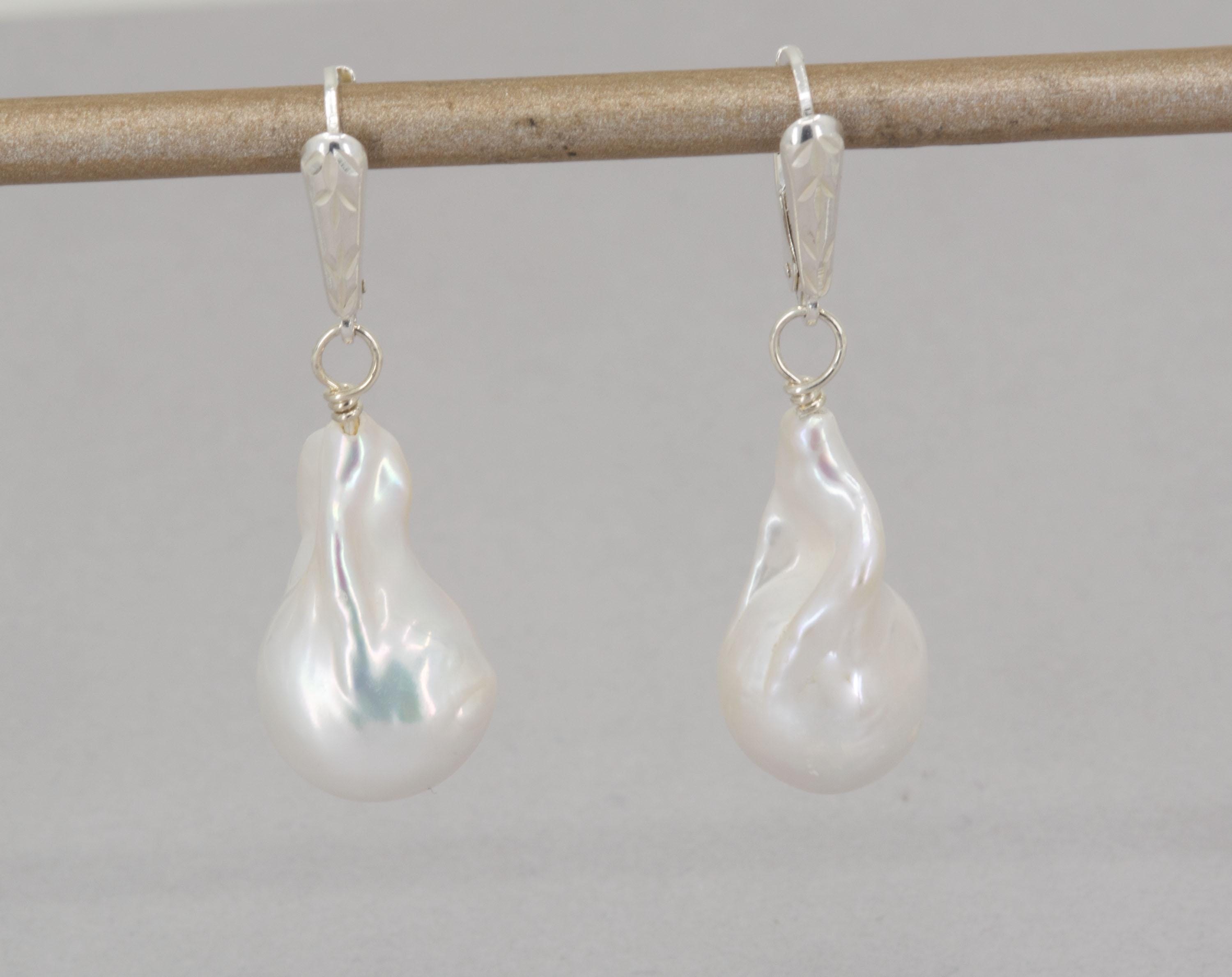 Extra Large Freshwater Pearls in Sterling, White Baroque Pearl Dangle Earrings, June Birthstone