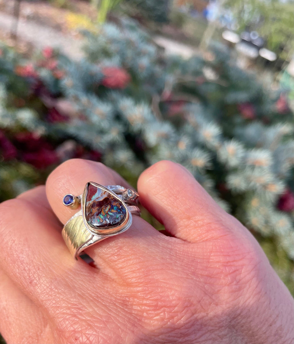 Boulder Opal 18K Gold Ring: Handmade Sterling Silver Multi-Band, US Size 8 or 8.5