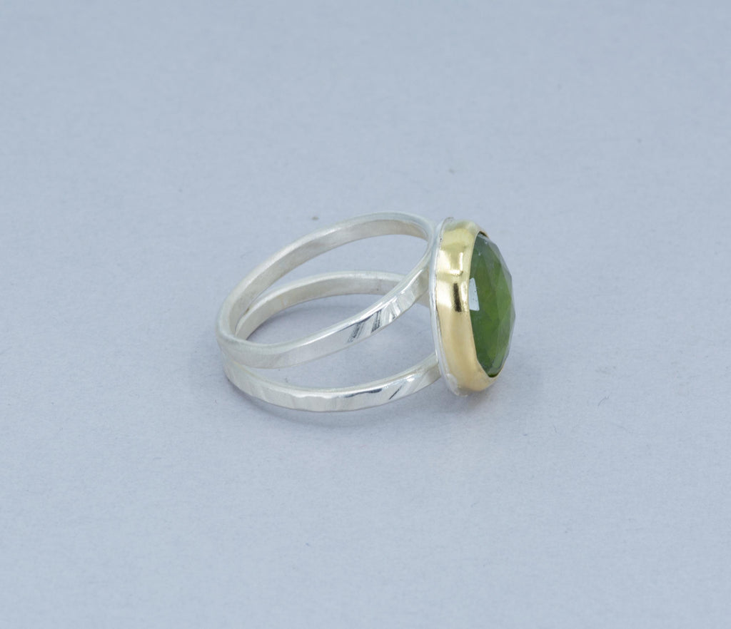 Rose Cut Vesuvianite Ring: Large Green Gemstone, Gold & Sterling Silver, US Size 9