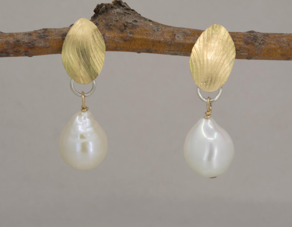 White Pearl Earrings: 18K Gold Leaf, Sterling Silver Posts