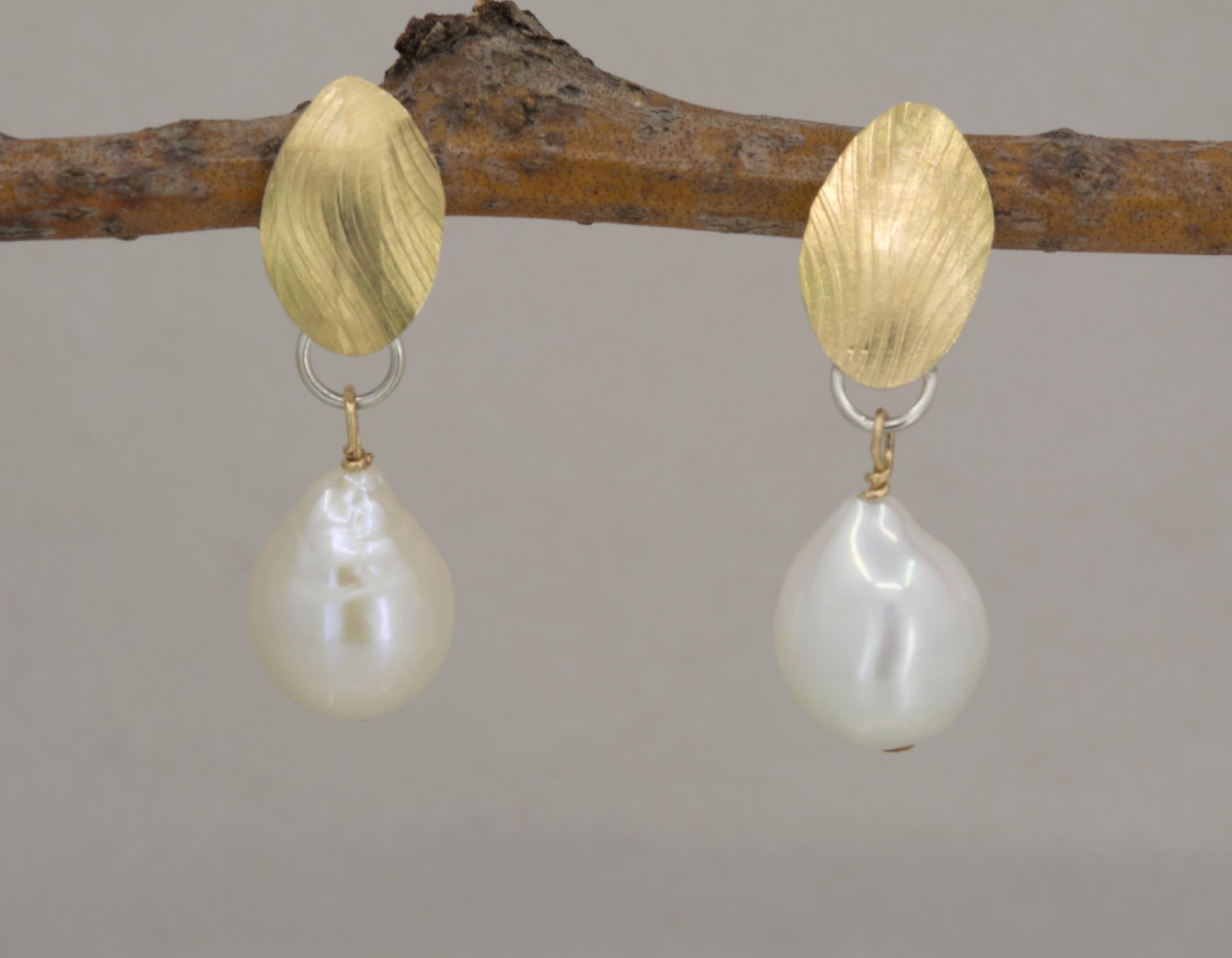 White Pearl Earrings: 18K Gold Leaf, Sterling Silver Posts
