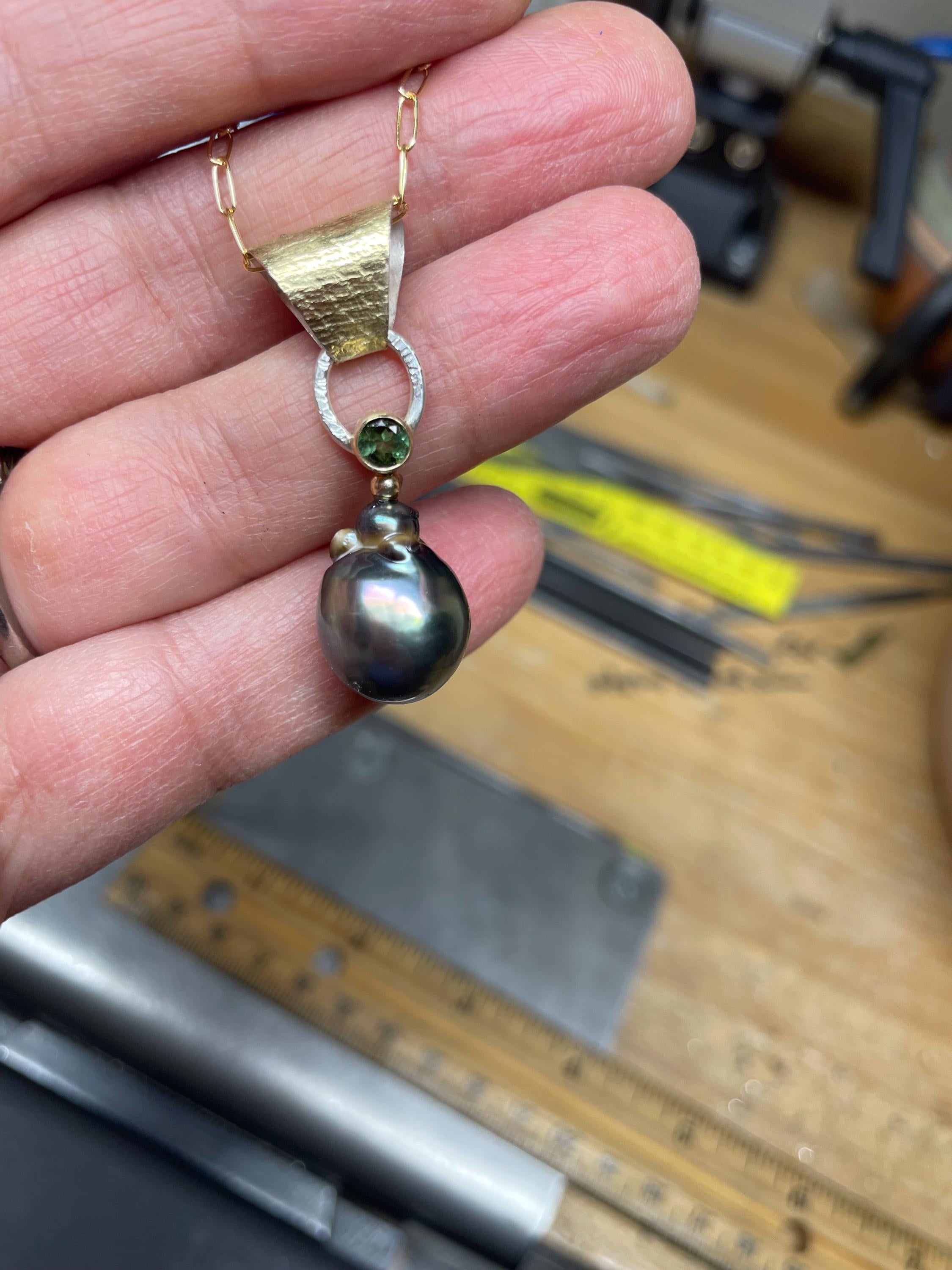 Large Tahitian Pearl Pendant: 14k Gold, Green Tourmaline, Baroque Pearl