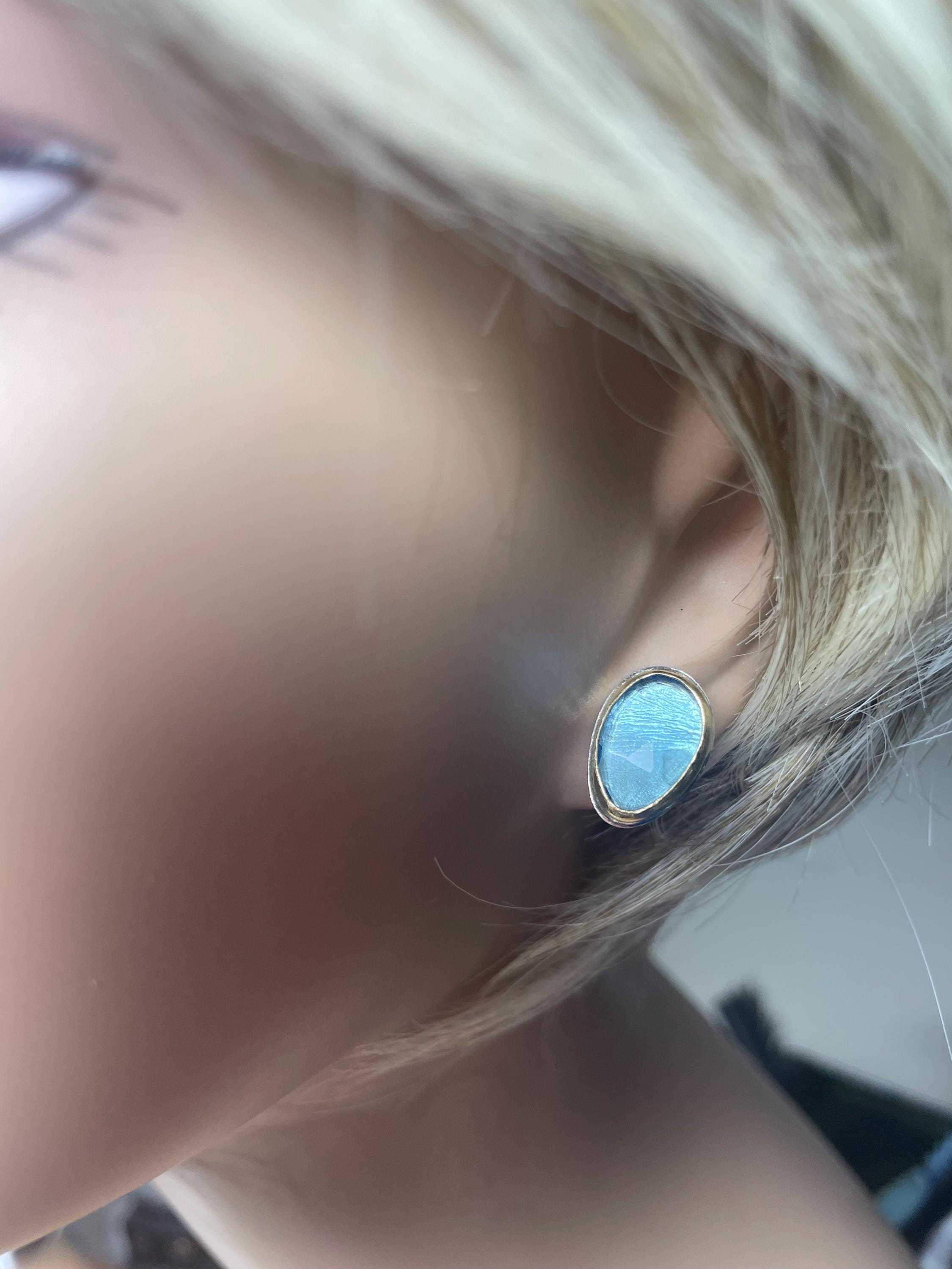 Blue Topaz Stud Earrings: 18k Gold Bezel, Argentium Silver