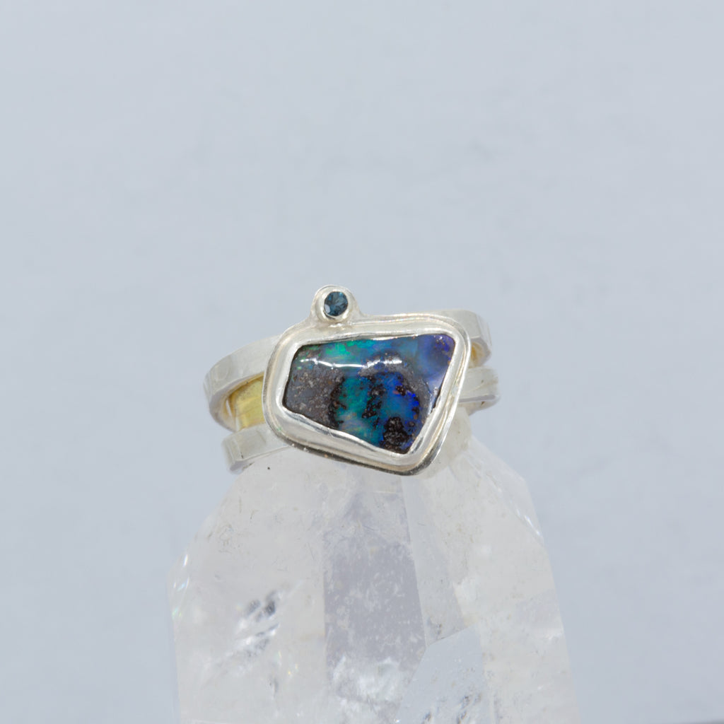 Australian Boulder Opal Ring | Argentium Silver & 18K Gold | Blue Topaz | One of a Kind
