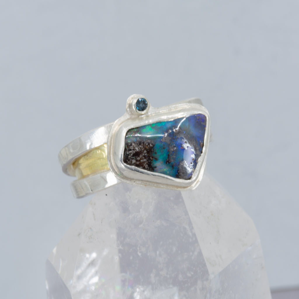 Australian Boulder Opal Ring | Argentium Silver & 18K Gold | Blue Topaz | One of a Kind