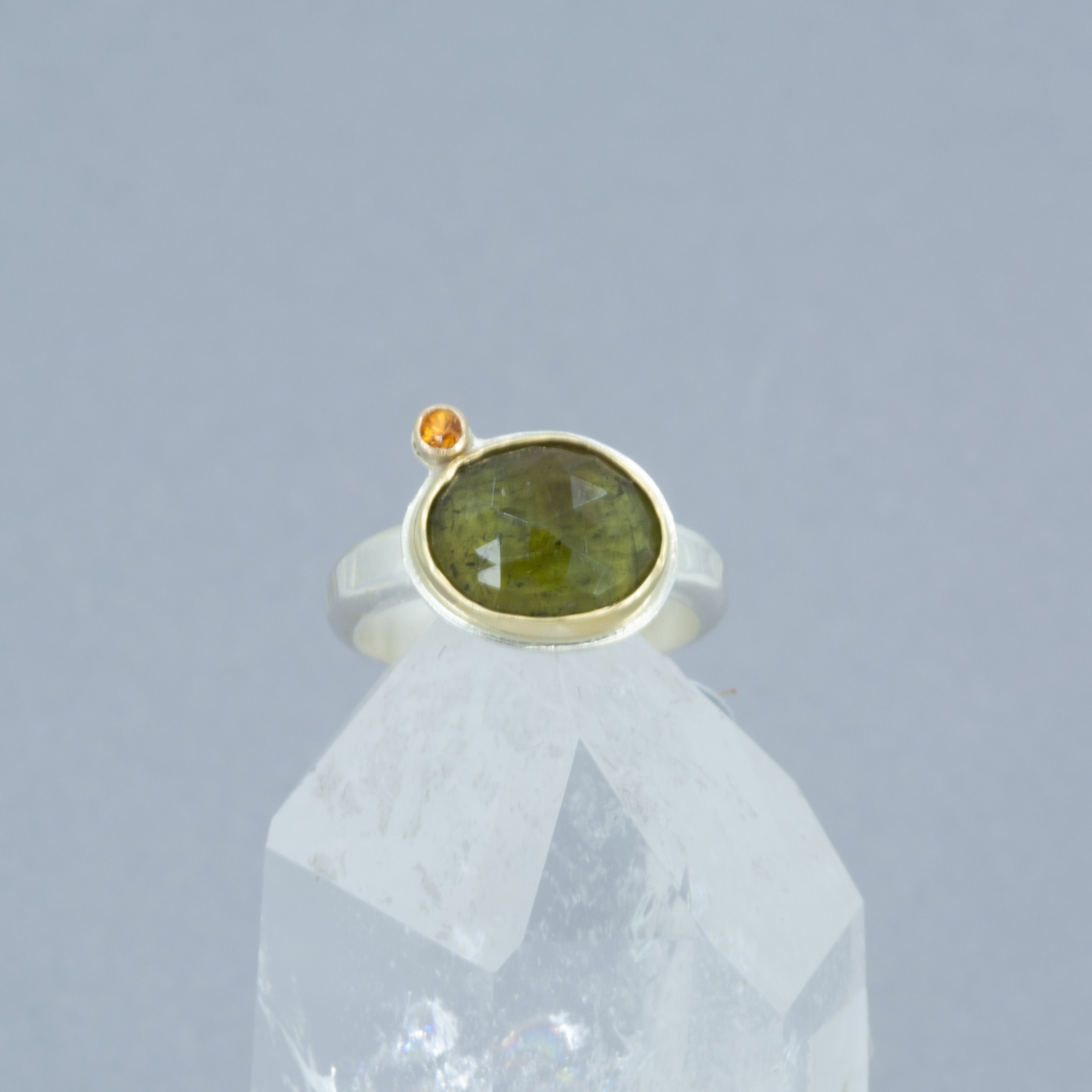 Green Tourmaline Ring | Rose-Cut, 18K Gold Bezel & Argentium Sterling Silver | OOAK