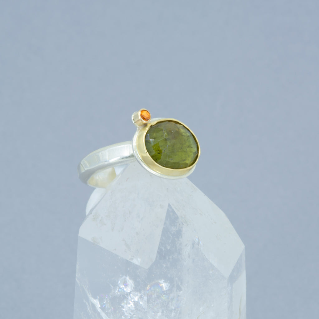 Green Tourmaline Ring | Rose-Cut, 18K Gold Bezel & Argentium Sterling Silver | OOAK