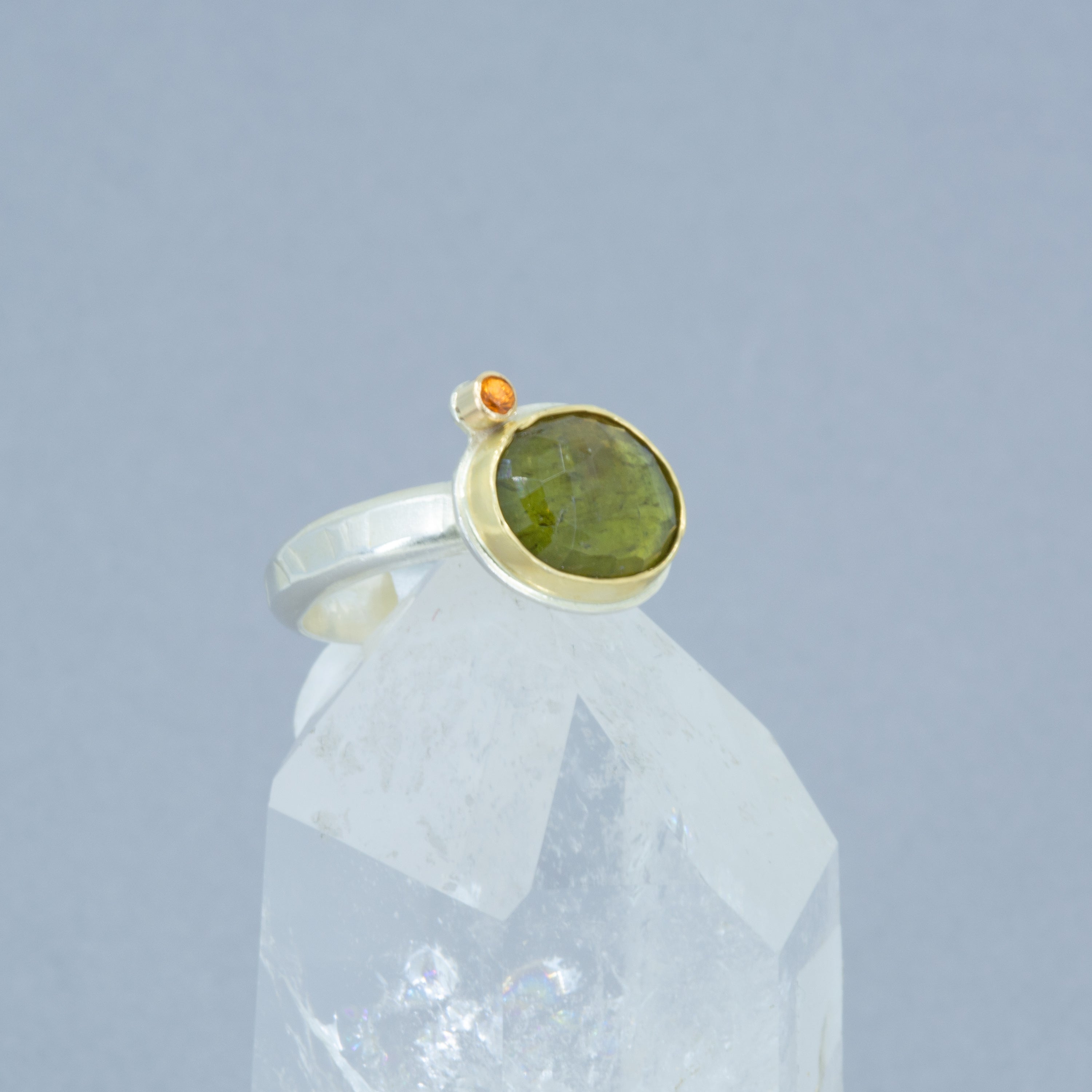 Green Tourmaline Ring | Rose-Cut, 18K Gold Bezel & Argentium Sterling Silver | OOAK