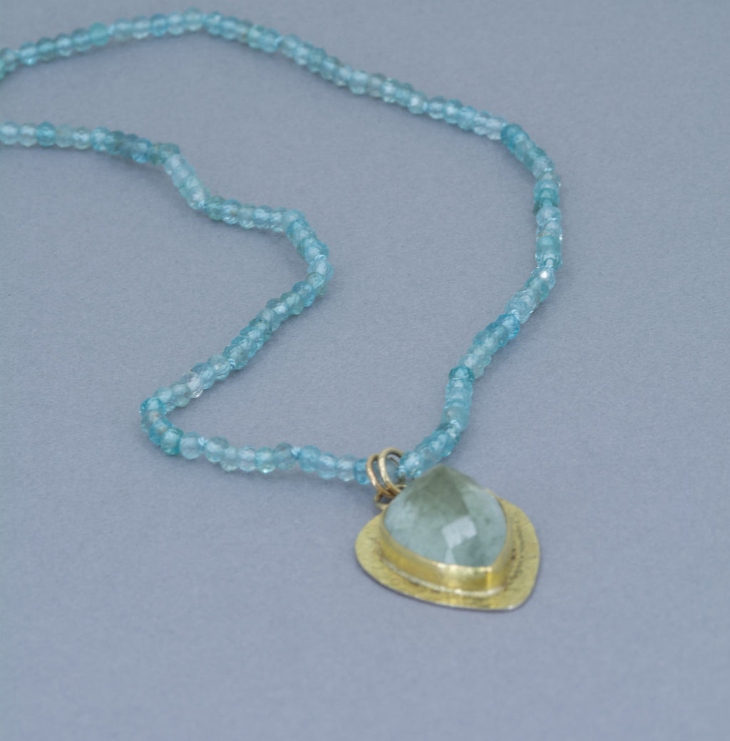 Large Moss Aquamarine Pendant: 18K Gold Textured Bezel, March Birthstone