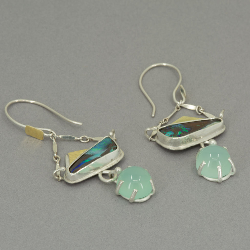 Boulder Opal & Aqua Chalcedony Dangle Earrings – Fine Silver & 18K Gold