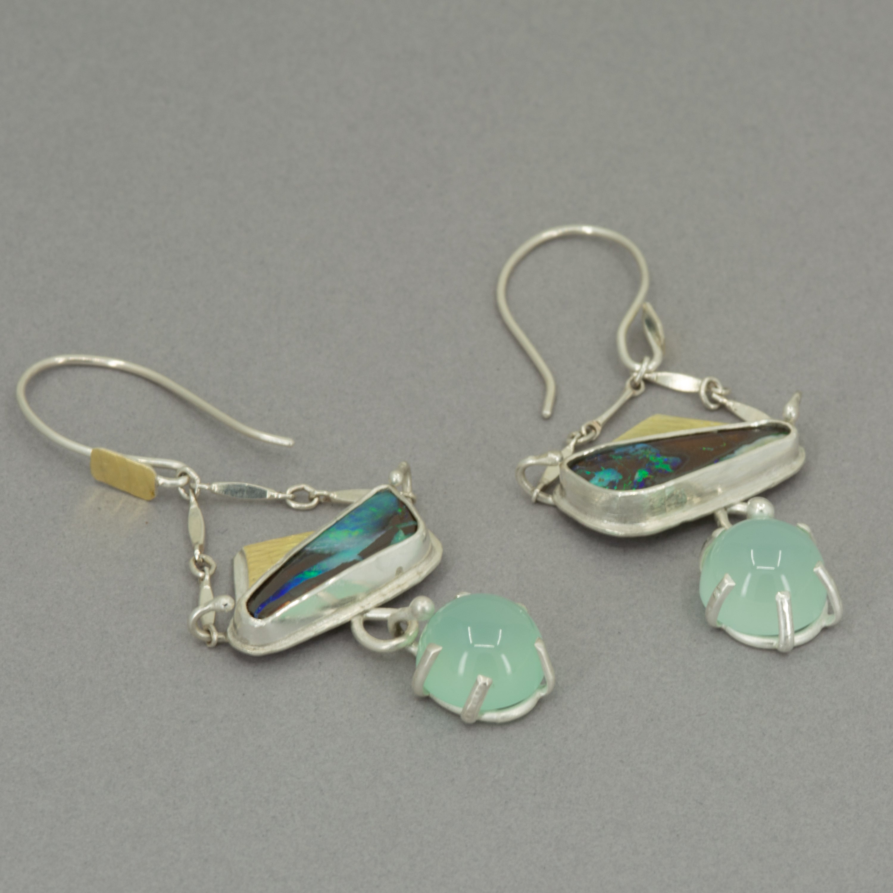 Boulder Opal & Aqua Chalcedony Dangle Earrings – Fine Silver & 18K Gold