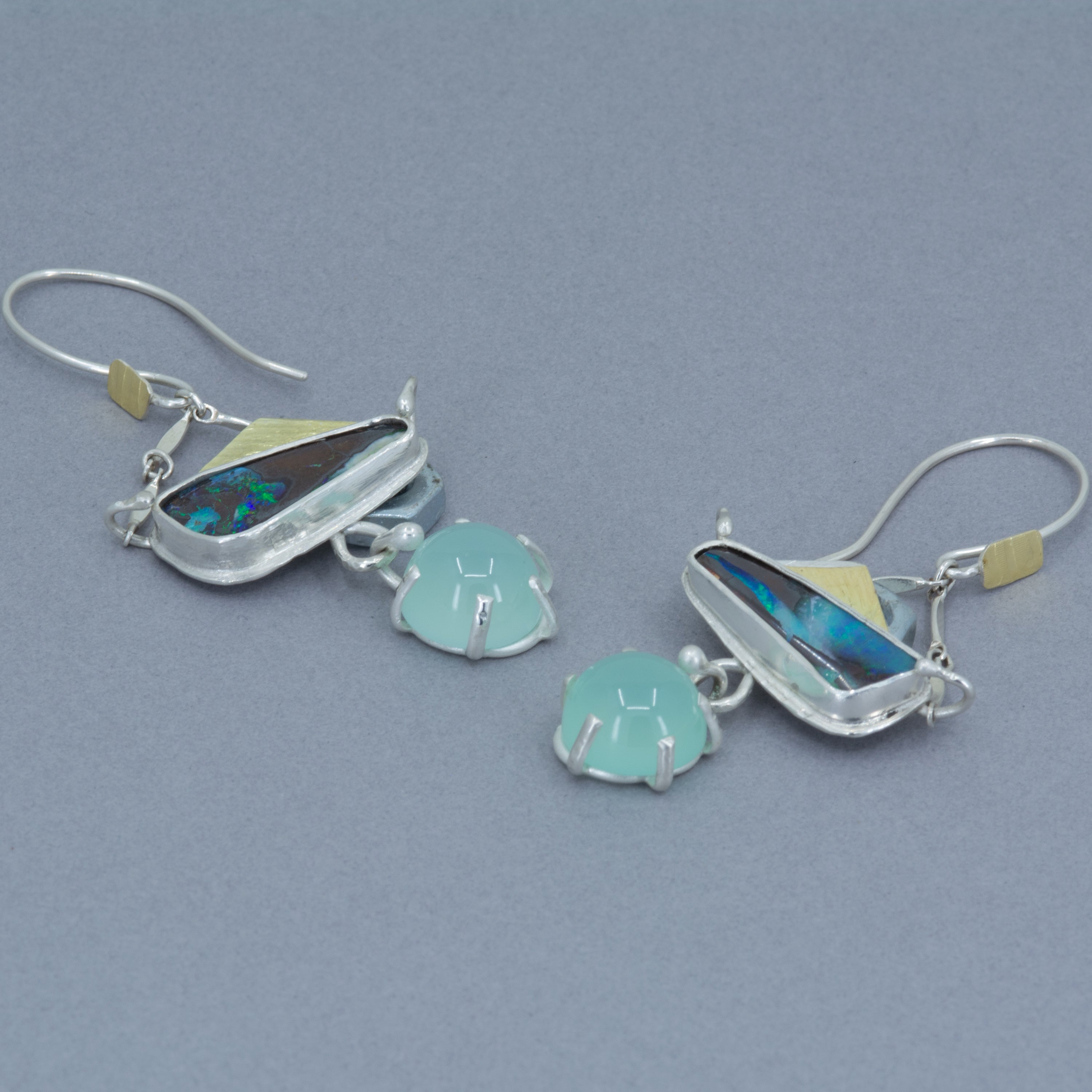 Boulder Opal & Aqua Chalcedony Dangle Earrings – Fine Silver & 18K Gold