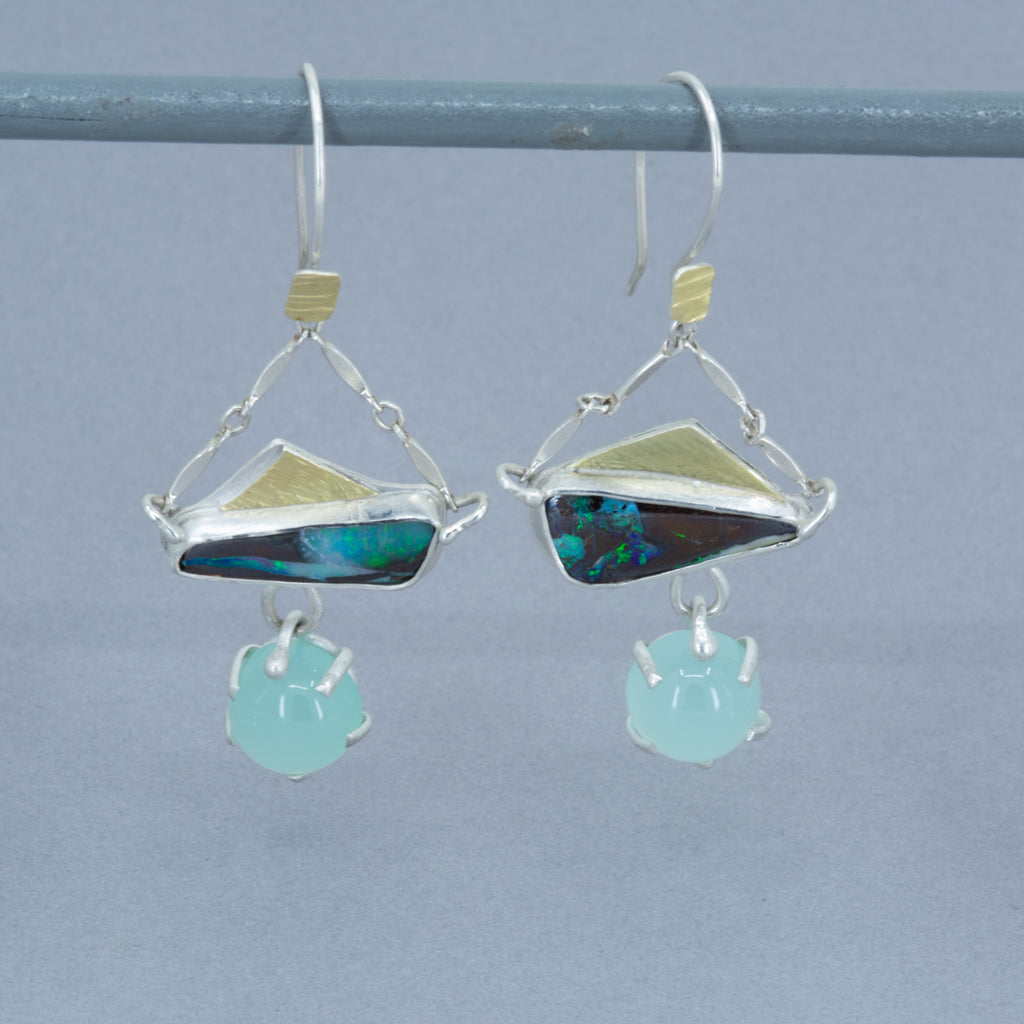 Boulder Opal & Aqua Chalcedony Dangle Earrings – Fine Silver & 18K Gold