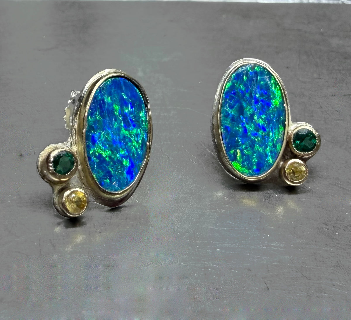 Australian Opal and Emerald and Sapphire Gold Post Earrings