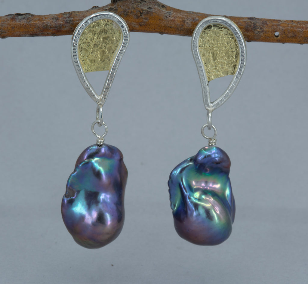 Tahitian Silvertone Pearl Earrings: 18k Gold and Sterling Botanical Earrings, OOAK