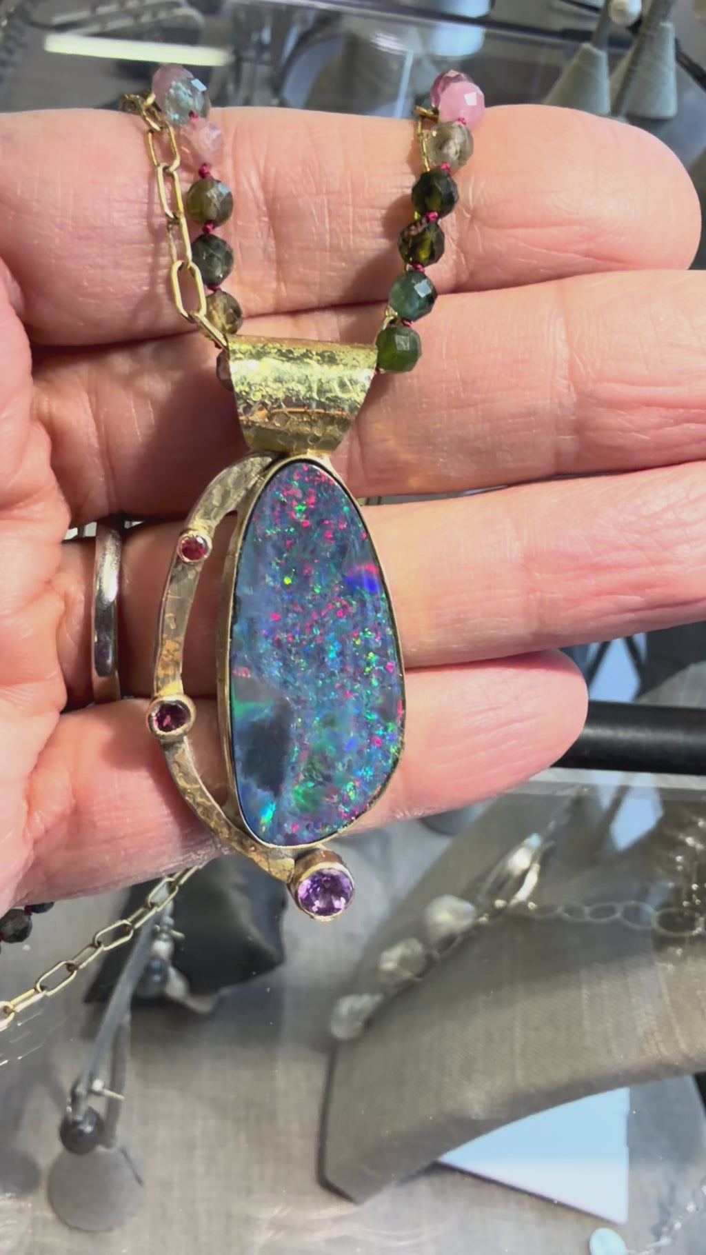 Large Australian Opal Pendant: 18K Gold, Tourmaline & Amethyst Necklace