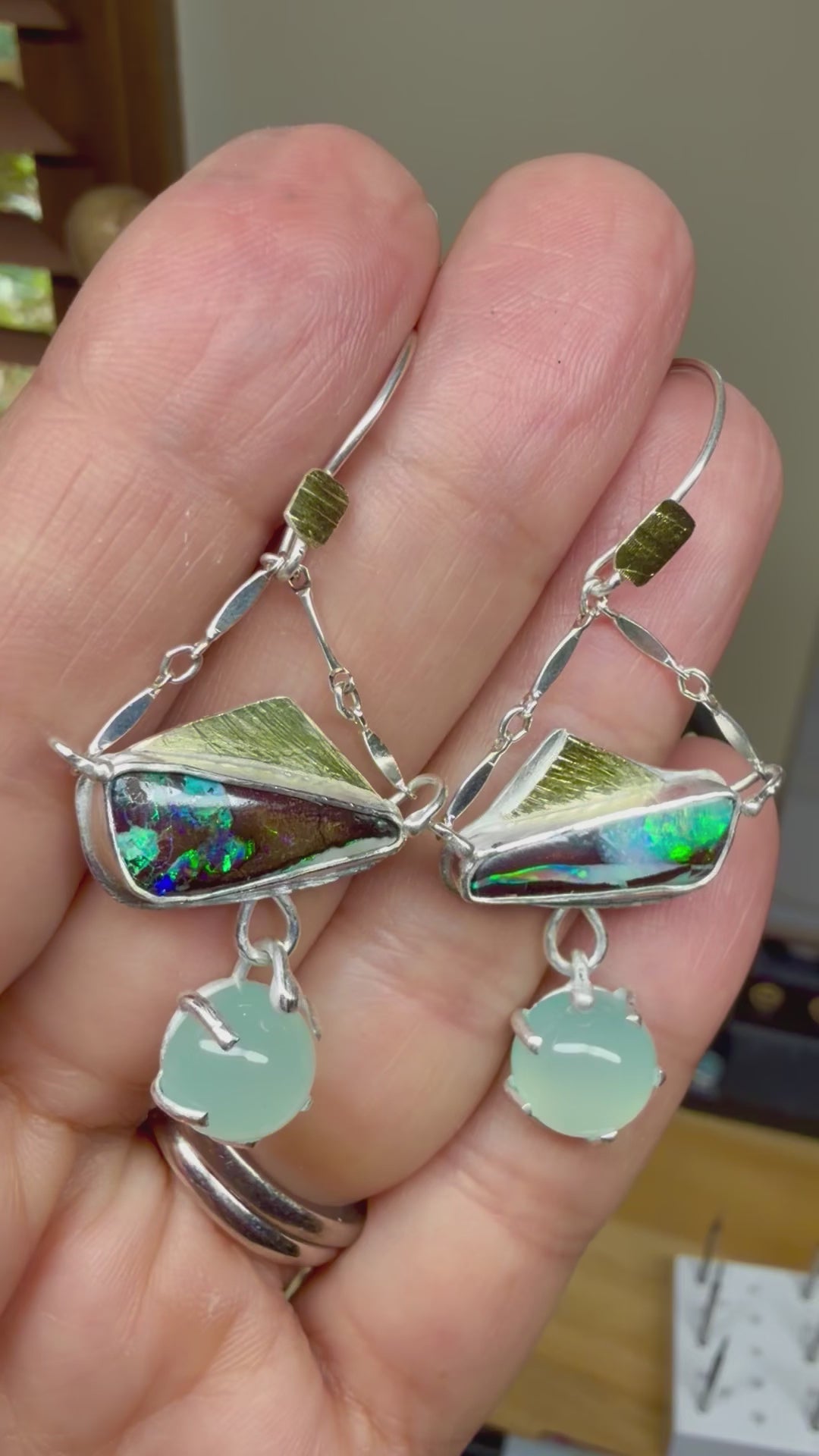 Boulder Opal & Aqua Chalcedony Dangle Earrings – Fine Silver & 18K Gold