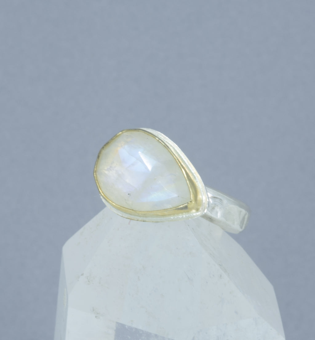 Rainbow Moonstone Ring, 18K Gold Bezel & Argentium Sterling Silver Band