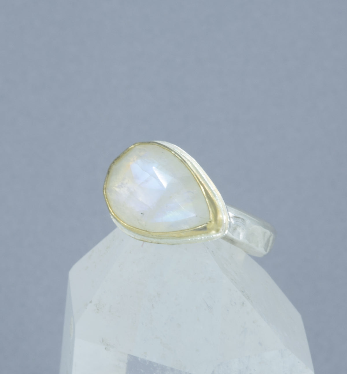 Rainbow Moonstone Ring, 18K Gold Bezel & Argentium Sterling Silver Band