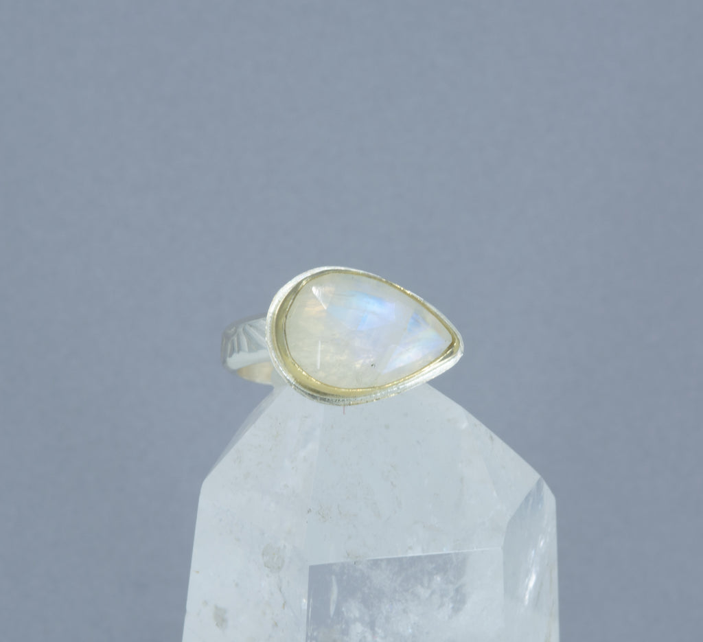 Rainbow Moonstone Ring, 18K Gold Bezel & Argentium Sterling Silver Band