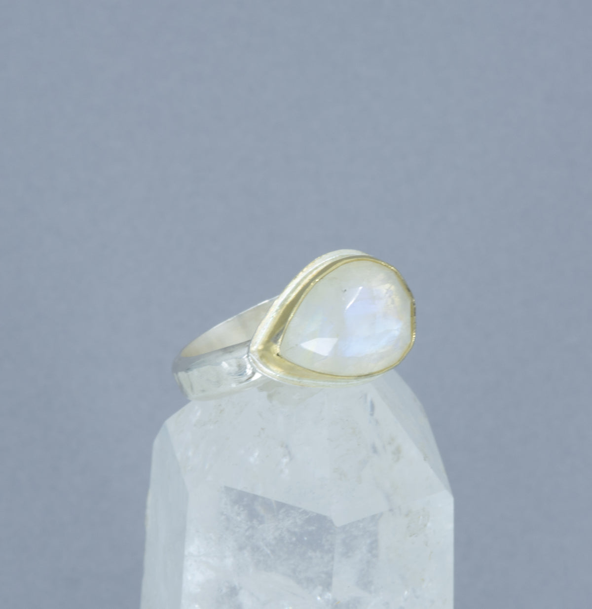Rainbow Moonstone Ring, 18K Gold Bezel & Argentium Sterling Silver Band