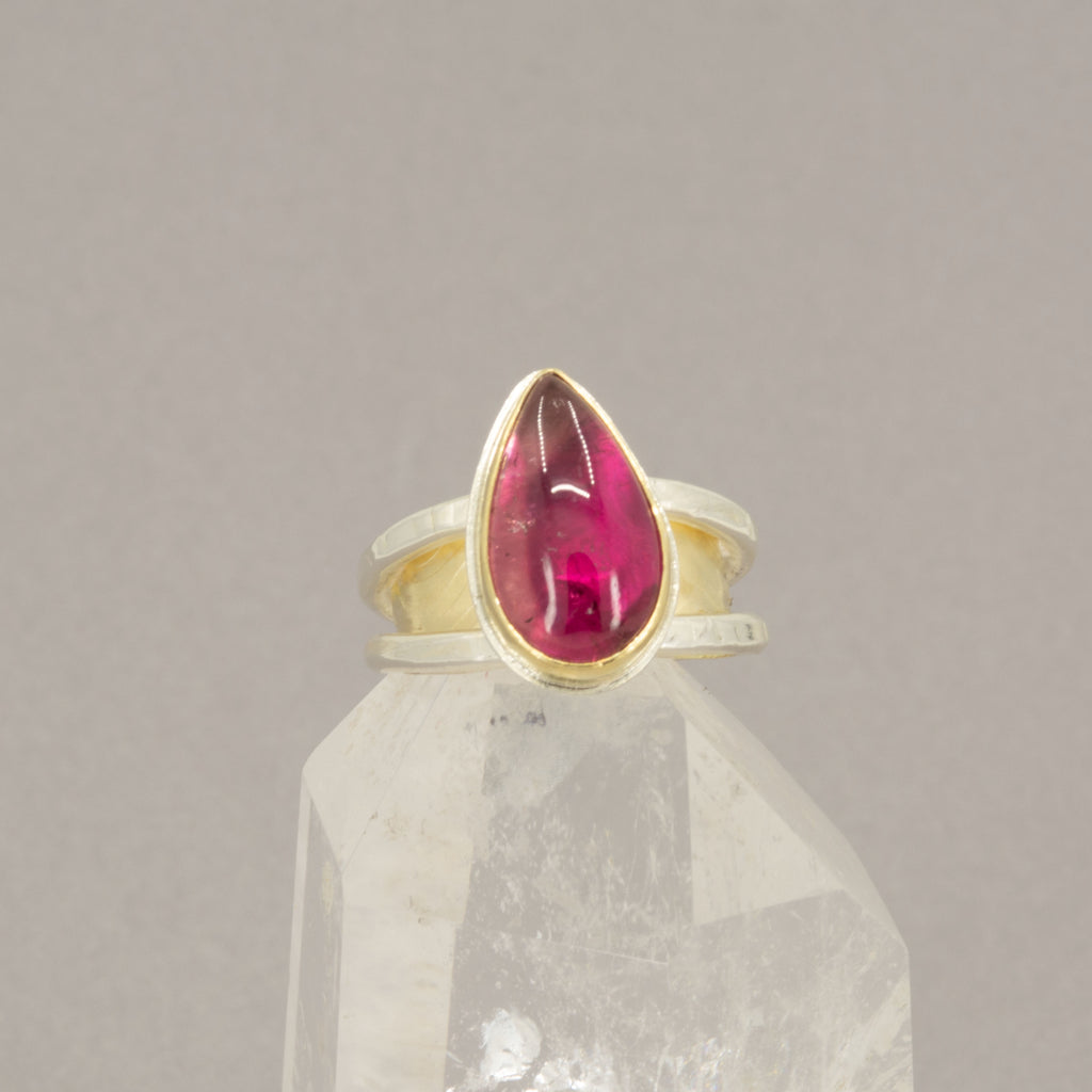 Rubellite Tourmaline Ring – 18K Gold Bezel & Argentium Sterling Silver Double Band