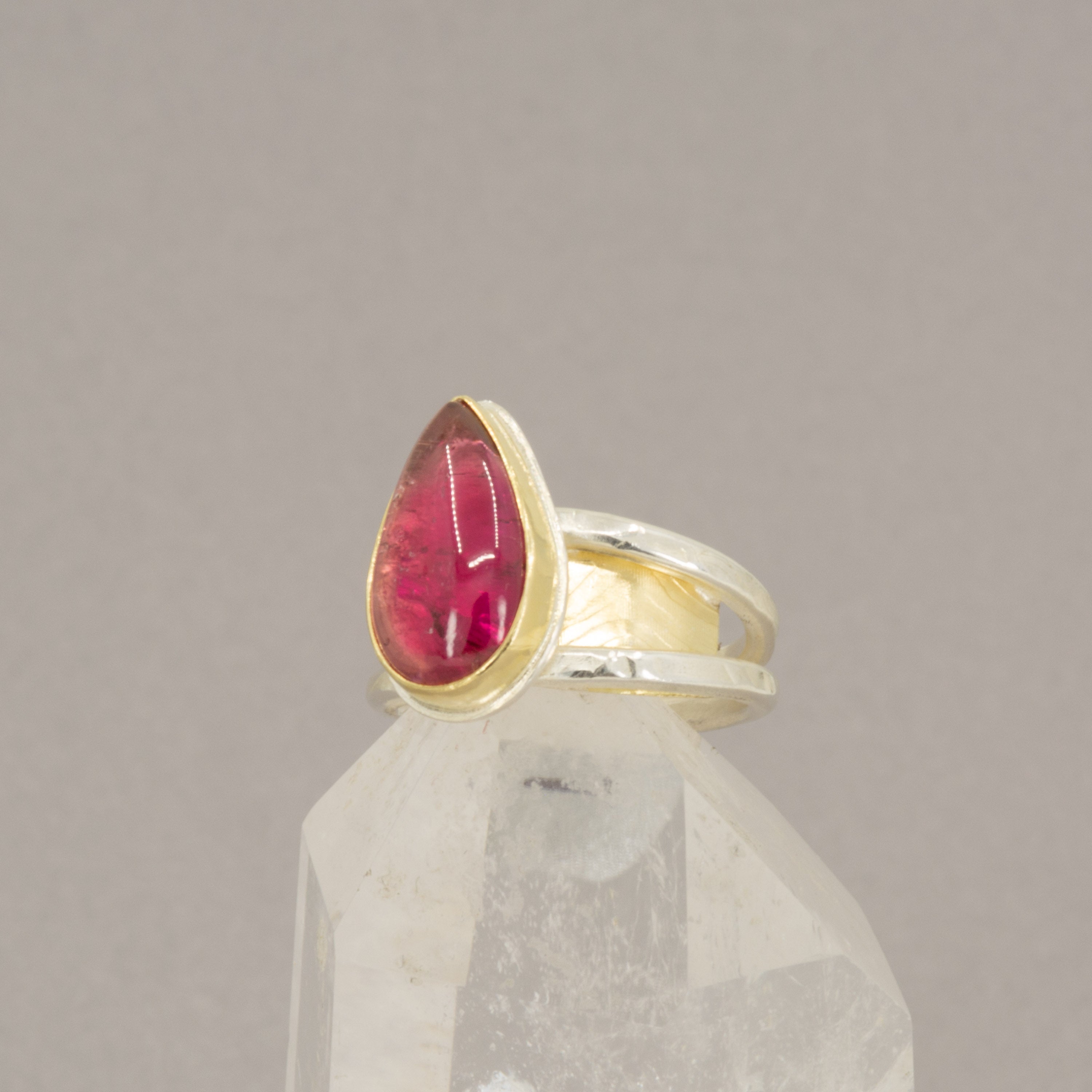 Rubellite Tourmaline Ring – 18K Gold Bezel & Argentium Sterling Silver Double Band